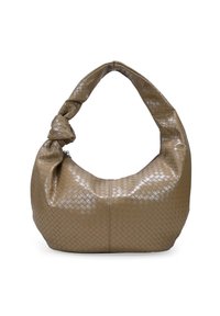 Bolso hobo de cuero trenzado en taupe. Cuenta con un asa anudada y una textura suave, ligeramente brillante. Forma suave y redondeada con una base estructurada.
