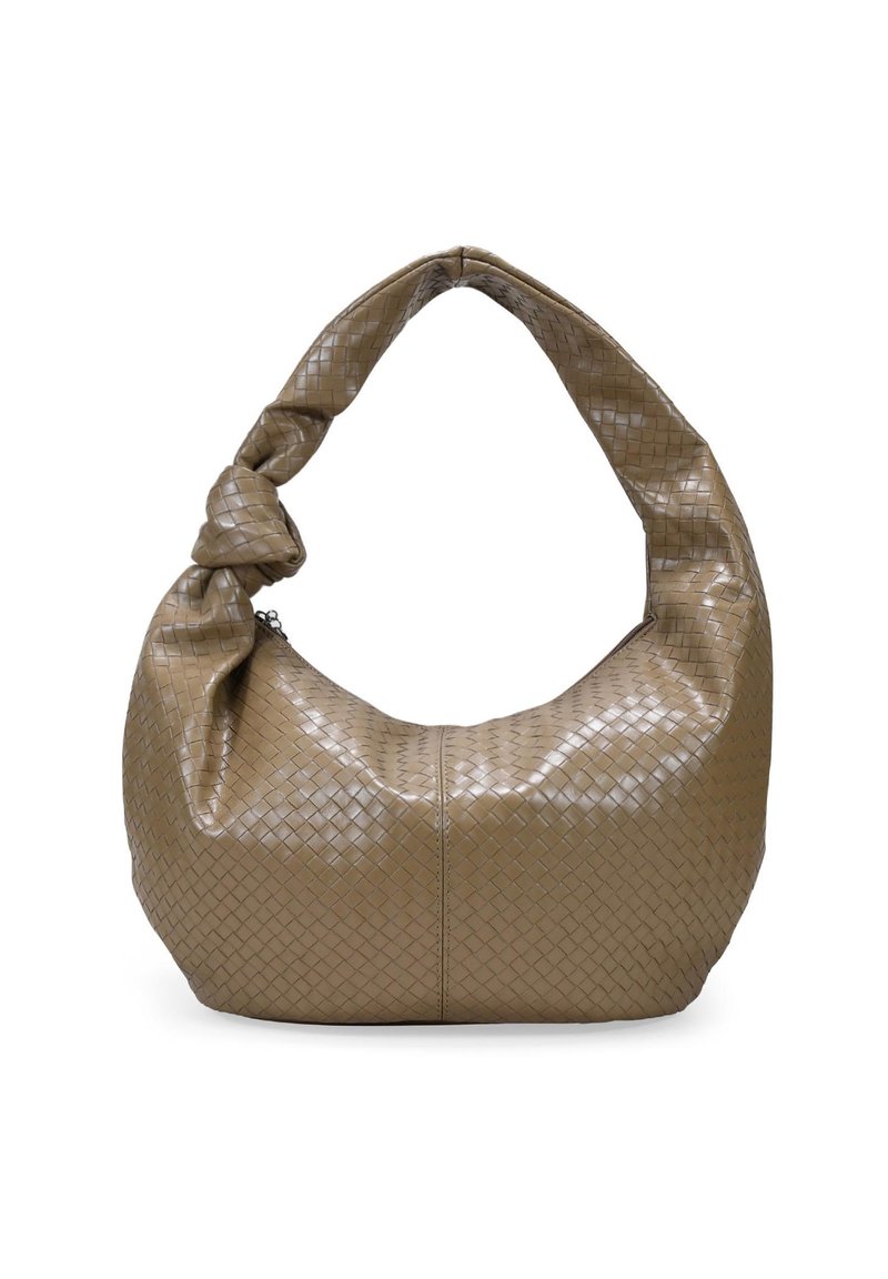 Bolso hobo de cuero trenzado en taupe. Cuenta con un asa anudada y una textura suave, ligeramente brillante. Forma suave y redondeada con una base estructurada.