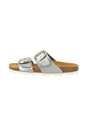 Grüne Leder-Sandale mit zwei verstellbaren Riemen und goldenen Schnallen. Kork-Zwischensohle und weiße Gummisohle mit strukturiertem Oberflächenformat.
