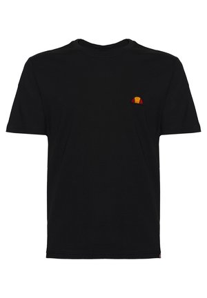 Zwart T-shirt met korte mouwen en ronde hals, met een klein oranje en rood halvemaanvormig logo op de linkerborst.