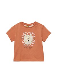 Rostfarbendes T-Shirt mit kurzen Ärmeln, das ein Löwenmotiv mit weißer bestickter Schrift und dem Text "KANNST DU 'RÖHREN' SAGEN?" darunter zeigt. Weiches Baumwollmaterial.