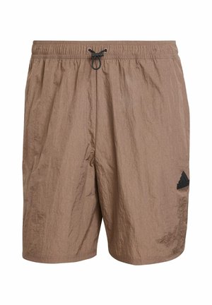 Brown lightweight shorts made of textured fabric, featuring an elastic waistband with a drawstring and a black logo accent on the side.