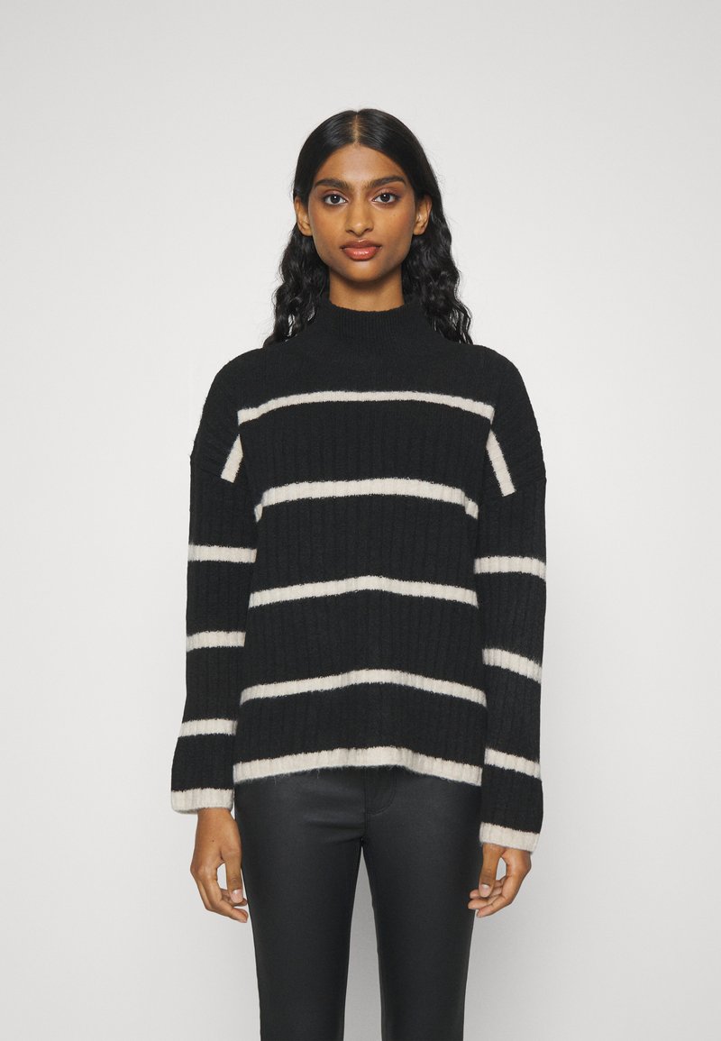 White And Black High Neck Striped Pullover