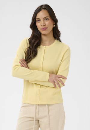 Žena s dlhými tmavými vlasmi, nosiaca zlaté kruhové náušnice, svetložltý kardigán na gombíky a béžové nohavice, s prepletenými rukami, na bielom pozadí.