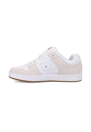 White low-top sneakers with a beige suede accent, featuring lace closure, perforated toe, and a rubber outsole.