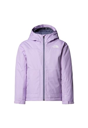 Šviesiai violetinė izoliuota striukė su gaubtu, priekyje užtrauktuku, dviem didelėmis kišenėmis ir logotipu viršutiniame kairiajame šone. Lygios tekstūros.