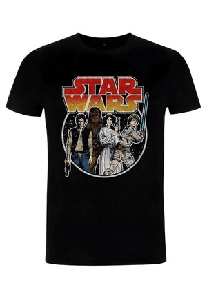 Czarny T-shirt z logo Star Wars oraz postaciami Han Solo, Chewbacca, księżniczka Leia i Luke Skywalker trzymającym miecz świetlny.