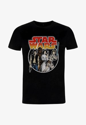 Czarny T-shirt z logo Star Wars oraz postaciami Han Solo, Chewbacca, księżniczka Leia i Luke Skywalker trzymającym miecz świetlny.