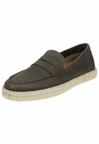Brune læder loafers med et klassisk design, der har en vævet jutesål og en glat overflade. Slip-on stil med en hævet forpanel.