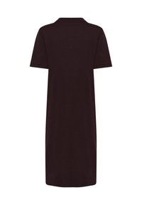 Robe polo marron foncé à manches courtes, longueur genou, avec une coupe droite et un col en maille, vue de dos sur fond blanc.