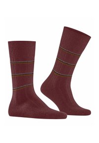 Bordeauxfarbene Socken mit gerippter Textur, versehen mit zwei horizontalen Streifen in Gelb und Grau. Standarddesign für Freizeitkleidung.