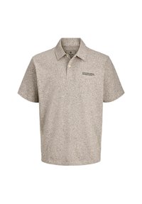 Kurzärmeliges Polohemd in hellbeige mit strukturiertem Muster, zwei-Knopf-Leiste und kleinem, bedrucktem Logo auf der linken Brust.