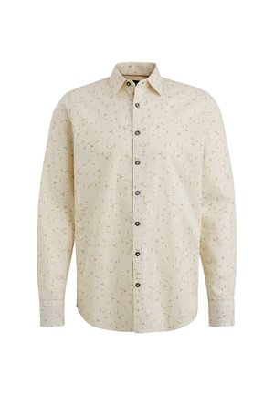 Camisa de manga larga color beige con un sutil patrón abstracto, cierre frontal con botones contrastantes en negro y un cuello clásico.