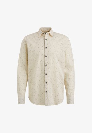 Bež srajca dolgem rokavu z diskretnim abstraktnim vzorcem, zapenjanjem spredaj s kontrastnimi črnimi gumbi in klasičnim ovratnikom.