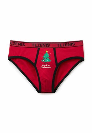 Culottes en coton rouge avec bordures noires, présentant un graphique d'un sapin de Noël et le texte "Rockin' Christmas" à l'avant. Marque Tezenis.