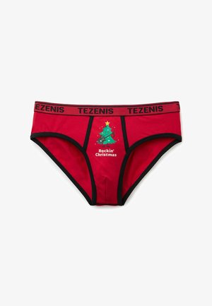 Culottes en coton rouge avec bordures noires, présentant un graphique d'un sapin de Noël et le texte "Rockin' Christmas" à l'avant. Marque Tezenis.