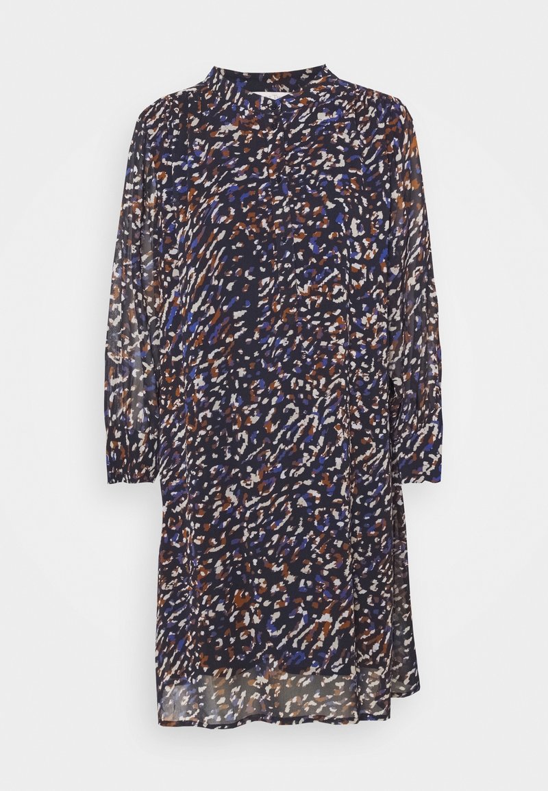 Robe longue aux manches longues, longueur genou, avec imprimé léopard abstrait en bleu marine, marron, blanc et bleu, et poignets froncés.