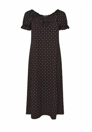 Schwarzes Midi-Kleid mit kleinem rot-weißen Blumenmuster, kurzen Puffärmeln, elastischem Ausschnitt und gebundenem Bogen.