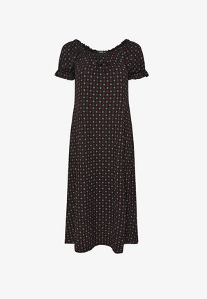 Schwarzes Midi-Kleid mit kleinem rot-weißen Blumenmuster, kurzen Puffärmeln, elastischem Ausschnitt und gebundenem Bogen.