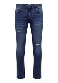 Mørkeblå denim jeans med slim fit, der har slidte revner, fem lommer og knaplukning. Klassisk design med subtil slitage.