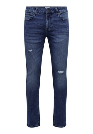 Dark blue denim jeans with a slim fit, featuring distressed rips, five pockets, and a button closure. Classic design with subtle fading.