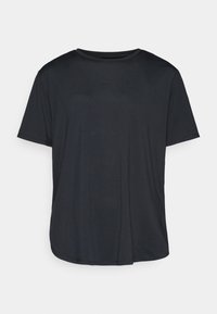 Black t-shirt made of soft material, featuring a round neckline, short sleeves, and a relaxed fit with a curved hem. Simple design with no patterns.
