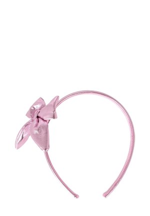 Un serre-tête métallique rose avec un nœud brillant d'un côté, surface lisse, fin et courbé pour s'adapter à la tête.