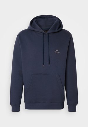 Sweatshirt azul-marinho feito de algodão macio, com bolso canguru, capuz com cordão e pequeno logótipo em texto branco no peito.