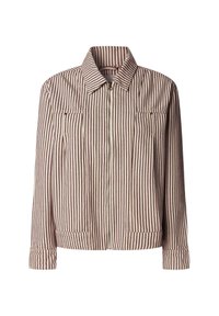 Giacca a strisce crema e bordeaux, con colletto, chiusura frontale con zip, due tasche sul petto e maniche lunghe con polsini abbottonati.