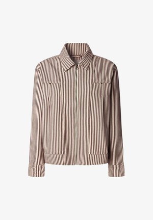 Pásková bunda v krémové a burgundské barvě, se límečkem, předním zipovým uzávěrem, dvěma náprsními kapsami a dlouhými rukávy s knoflíkovými manžetami.