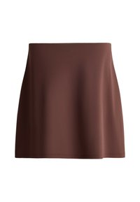 Brown A-line skirt with a smooth texture and simple hem, designed without patterns or embellishments, displayed on a white background.