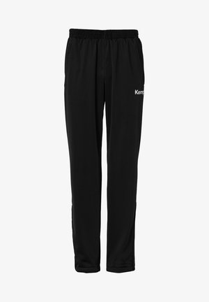 Black athletic pants made of smooth material with an elastic waistband. Features a white logo on the left side. Straight leg design.
