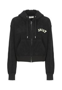 Felpa nera con zip realizzata in materiale morbido, dotata di tasche frontali, cappuccio e logo "JUICY" in ricamo verde sul lato sinistro del petto.