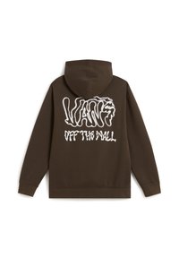 Sudadera color marrón oscuro mostrando la parte trasera con un logo de Vans distorsionado en blanco y el texto "Off The Wall" debajo de la capucha.