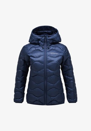 Granatowa puchowa kurtka z pikowanym wzorem fal, zamkiem błyskawicznym i kapturem. Gładki, błyszczący materiał z lekkim ociepleniem zapewniającym ciepło.