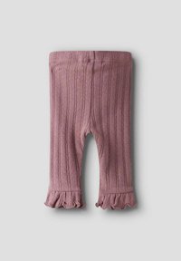 Leggings morbidi e a coste in mauve con orlo arricciato. Dotati di una cintura elastica per il massimo comfort. Realizzati in un tessuto lavorato a maglia testurizzato.