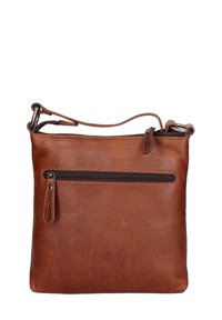 Borsa a tracolla in pelle marrone con una tasca frontale con zip, design piatto e tracolla regolabile. Texture liscia con leggere variazioni di colore.