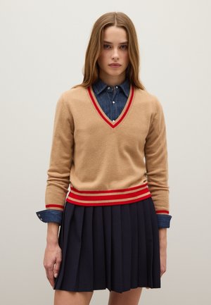 V-NECK STRIPED  - Strickpullover - beige red