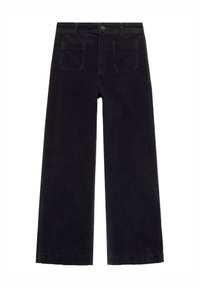 Pantaloni a palazzo in corduroy neri con una finitura testurizzata, dotati di due tasche posteriori e chiusura con bottone frontale. Orlo dritto sulle caviglie.