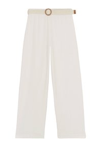 Wide-leg, light cream pants featuring a textured fabric, elastic waistband with woven accents, and a circular belt buckle detail.