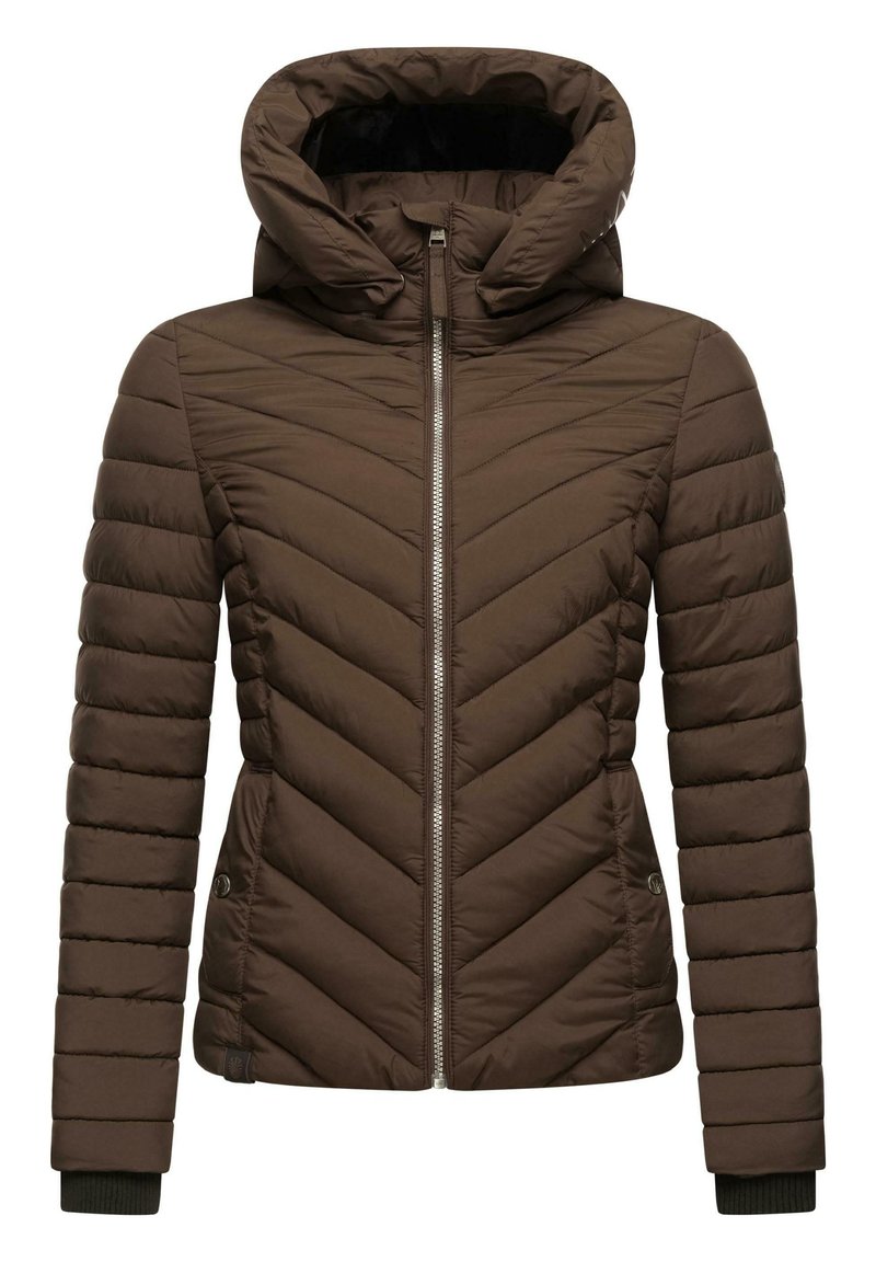 Brown puffer jacket with a chevron pattern, hood, and front zipper. Ribbed cuffs and a logo accent on the side complete the design.