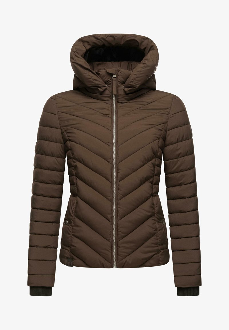 Brūna pūkaina jaka ar ševronu rakstu, ar kapuci un priekšējo rāvējslēdzēju. Riboti piedurkņu gali un logotipa akcents sānos pabeidz dizainu.