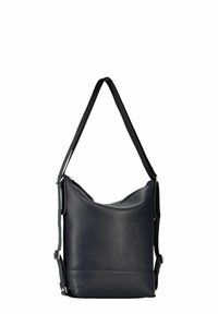 Sac à bandoulière en cuir noir au design souple. Dispose de bretelles réglables et d'une texture lisse. Fermeture zippée sur le dessus et détail de marque discret.