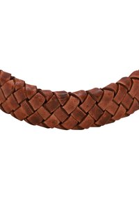 Bracciale in pelle intrecciata di un ricco color marrone, caratterizzato da una superficie testurizzata e un intricato motivo intrecciato, che ne esalta la profondità e l'interesse visivo.