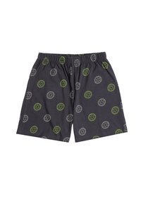 Pantalones cortos gris oscuro con cintura elástica, decorados con patrones dispersos en forma de estrella circular en verde y blanco.