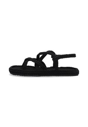 Black rope sandals with intertwined design, flat sole, textured strap, and open back. Suitable for casual wear in warm weather.