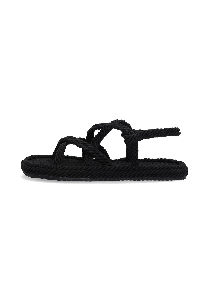 Zwarte touwsandalen met een verfijnd ontwerp, platte zool, gestructureerde band en open achterkant. Geschikt voor casual wear in warm weer.
