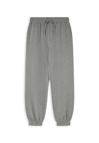 Pantalones de chándal grises con un diseño de pierna ajustada, cinturilla elástica y cordón, que cuentan con bolsillos laterales y puños elásticos en los tobillos.