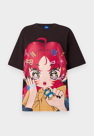 Black oversized t-shirt featuring a vibrant graphic of a character with red hair, stars, and colorful accessories. Short sleeves, crew neck.