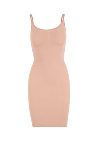 Ärmelloses, knielanges, tailliertes beiges Kleid mit dünnen, doppelten Schulterträgern und nahtlosem Design.
